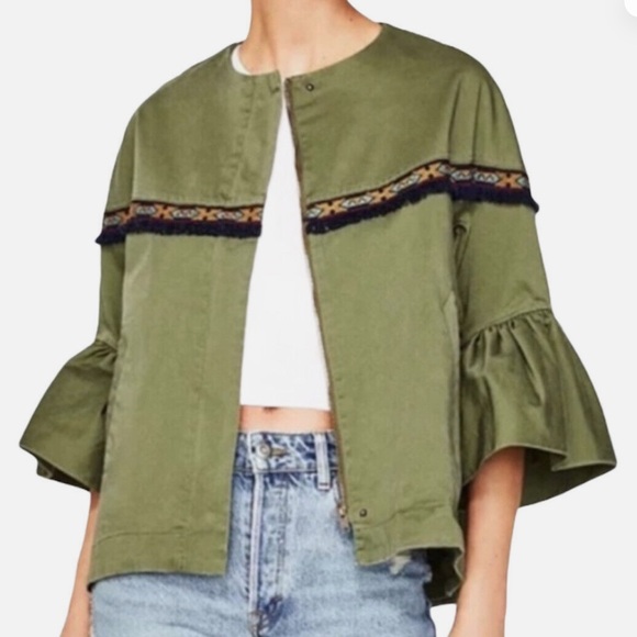 ZARA Aztec Embroidered Fringe Boho Bell Sleeve military green jacket - Picture 12 of 12